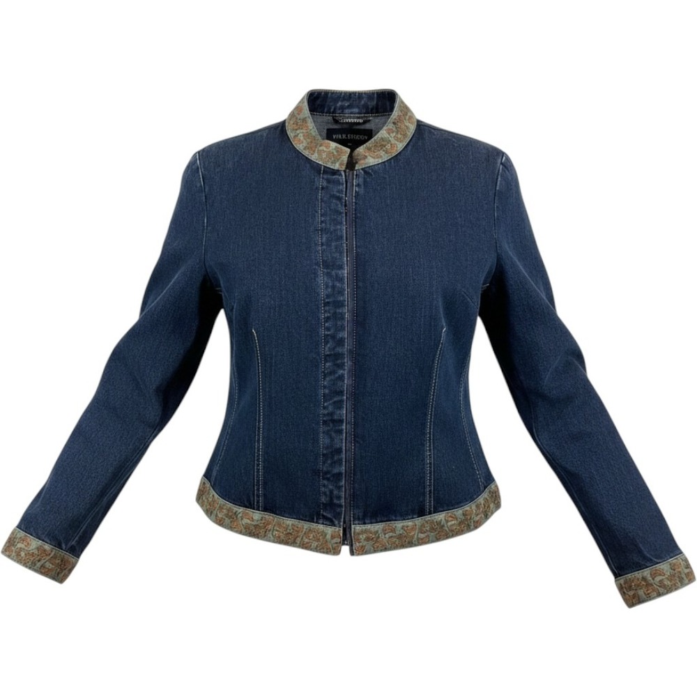 Willi Smith Denim Jacket Womens Large Indigo Paisley Tapestry Trim Hook & Loop